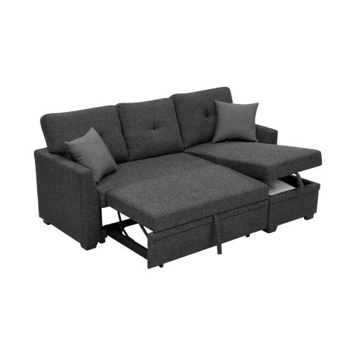 Convertible Sleeper Sofa Bed, 76.5" L Shaped Sectional Couch With Pull Out Bed Reversible Storage Chaise Compact Linen Sofa Small Space Apartment Living Room,Charcoal Black