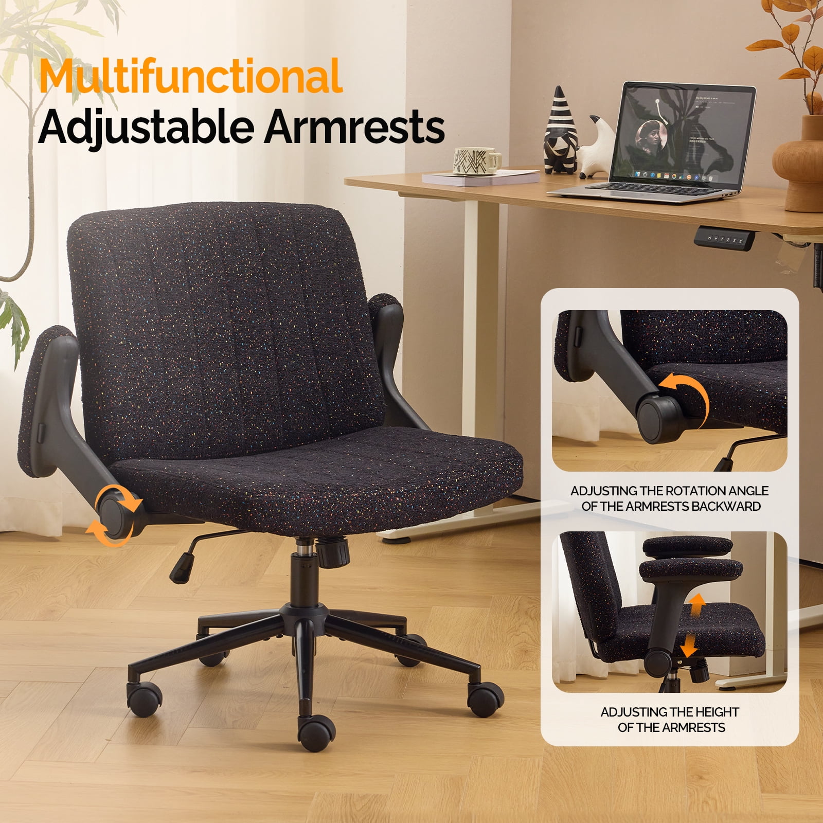 Ktaxon Office Chair, Flip-Top Armrest Desk Chair on Metal Star Base, Starry Chenille Vanity Chair with Adjustable Height & Swivel Wheels Black