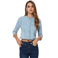 thumbnail image 1 of Chaqueta corta de mezclilla para mujer, cuello redondo, mangas 3/4, chaqueta vaquera informal deshilachada Azul claro S, 1 of 6
