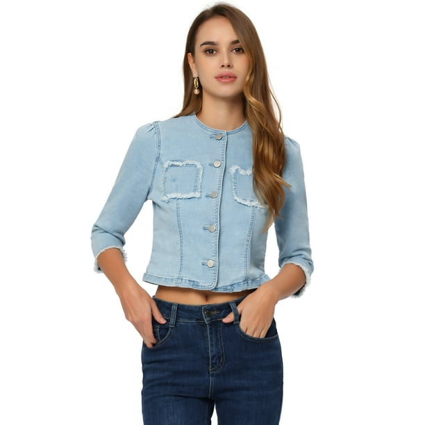 Chaqueta corta de mezclilla para mujer, cuello redondo, mangas 3/4, chaqueta vaquera informal deshilachada Azul claro XS