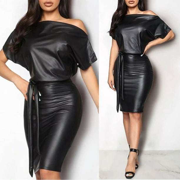 FINELOOK Women's PU Leather Dress Solid Color Off Shoulder Wet