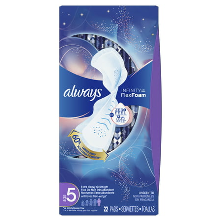 Always Infinity Size 5 Extra Heavy Overnight Sanitary Pads with Wings, Unscented, 22
