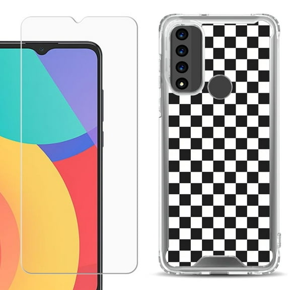 Shockproof Bumper Phone Case for TCL 20 XE, with Tempered Glass Screen Protector, by OneToughShield ® - Checker B/W