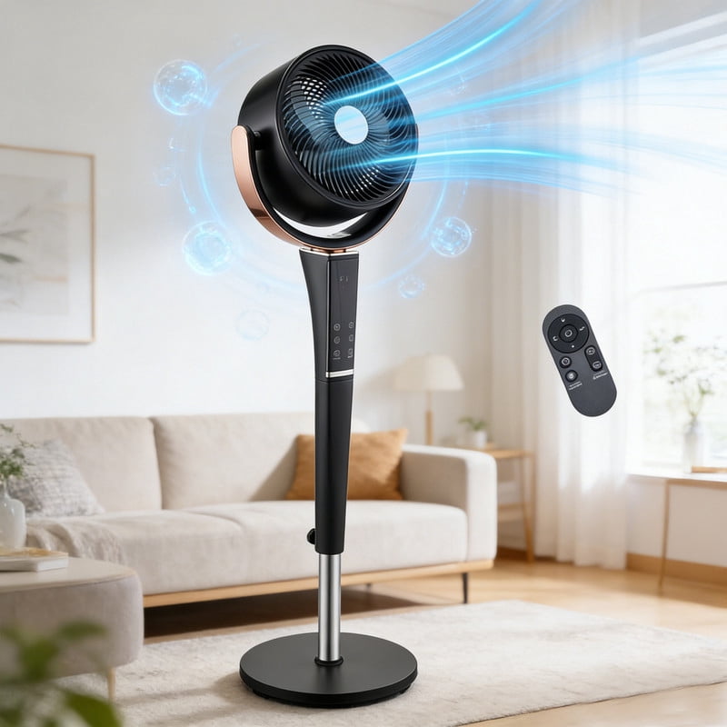 Simenmax Quiet Pedestal Fan, Motor Air Circulator with LED Light, 15 Speeds & 5 Modes, Standing Fan with Remote for Bedroom/Office,Black