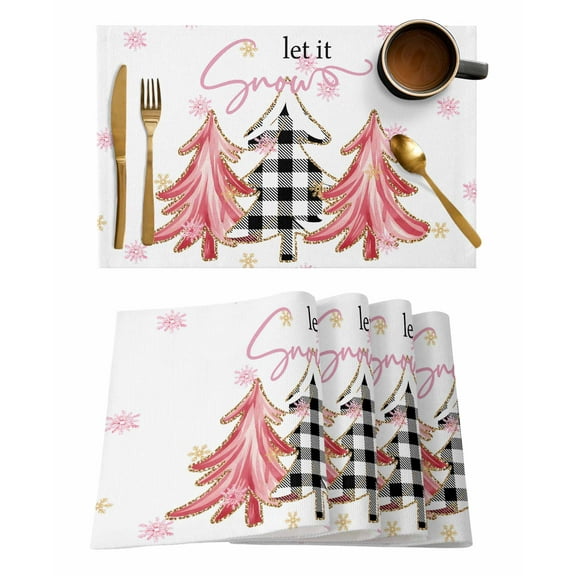 Pink Christmas Tree Placemats Set of 8 Winter Snow Snowflakes Plaid Abstract Heat Insulation Washable Place Mats, Rustic Non-Slip Table Mats for Dining Table Party Kitchen Decor,13x19 Inch