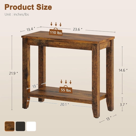 End Table with Double Storage Shelves, Sturdy Wooden Side Table for Living Room, Bedroom, Modern Nightstand Sofa Table for Small Spaces, Rustic Brown