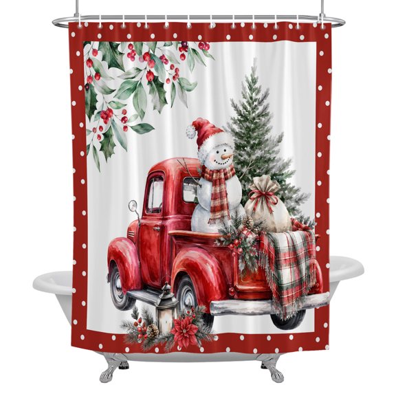 Bathroom Shower Curtain Christmas Snowman Red Car Waterproof Shower Curtains with Hooks, Festive Celebration Bath Curtains Bathtub Curtain Home Decor 36x72in