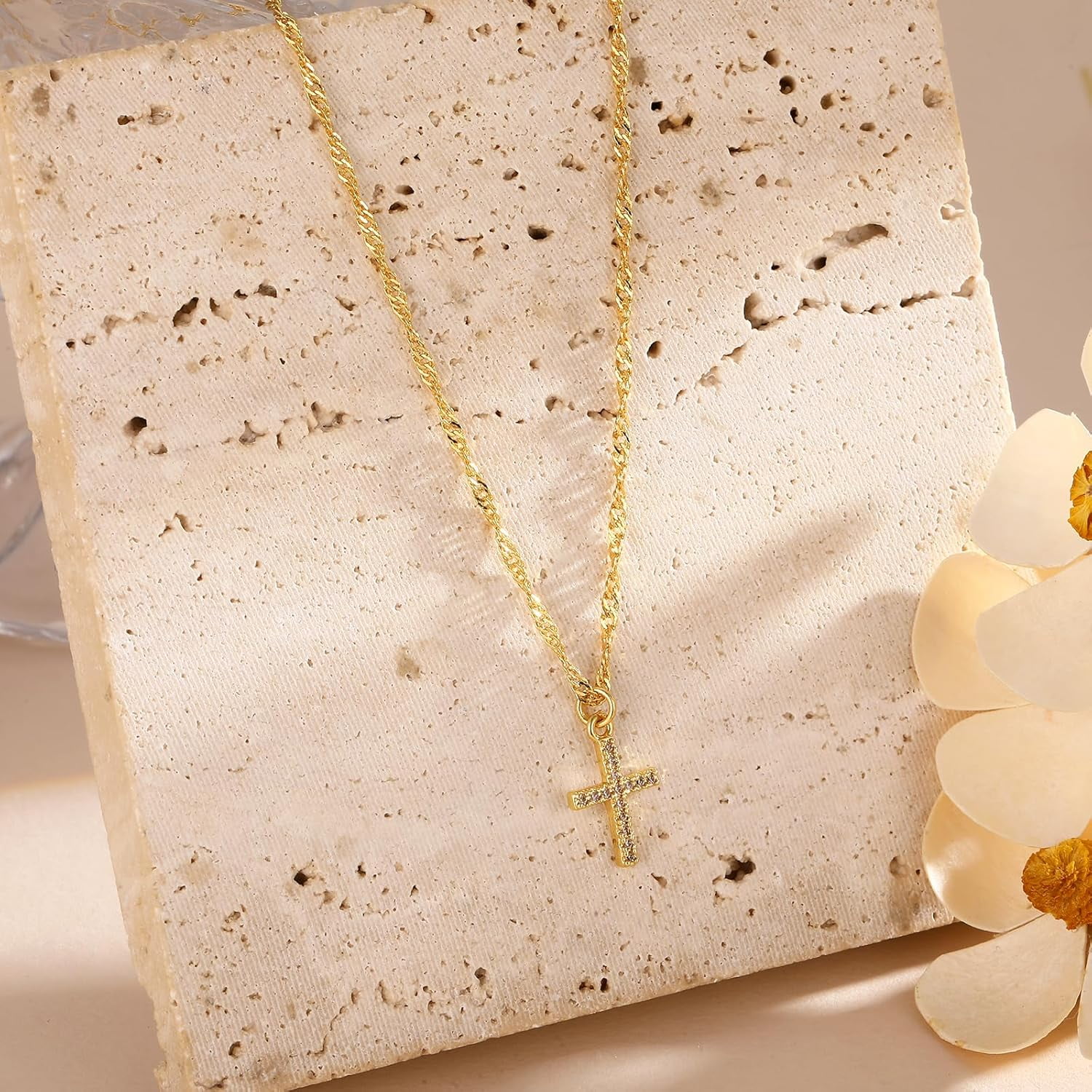 Cross Necklace for Women Trendy - Dainty 14K Real Gold Plated Minimalist Cz Cross Necklace Non Tarnish Waterproof Trendy Cute Simple Small Necklaces Easter Christian Religious Faith Jewelry Gifts
