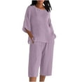 thumbnail image 2 of Sakmal Cotton Linen Shorts Sets for Women High Waisted Straight Leg Bermuda Plus Szie 2 Piece Outfits Purple Solid Comfy Shorts for Women M, 2 of 5