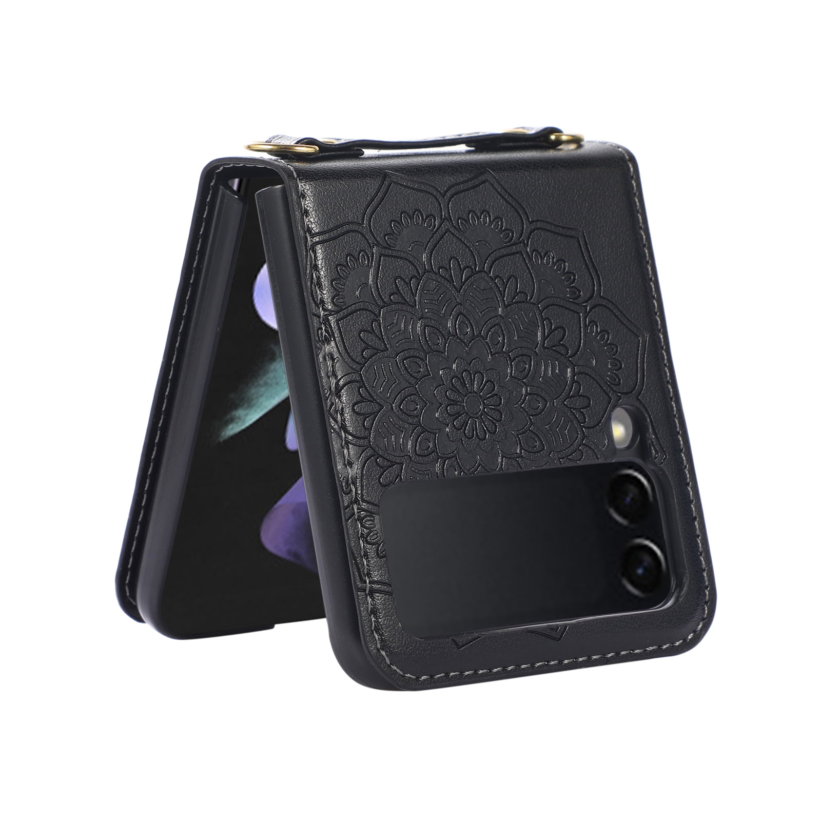 Allytech Z Flip 3 Case, Samsung Galaxy Z Flip 3 5G Phone Case, PU Leather Mandala Embossed Shockproof Protective Shoulder Strap Case Cover for Samsung Galaxy Z Flip 3 2021, Black