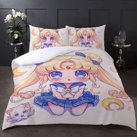 Hibi Sailor Moon , Kawaii Comforter Covers 3D Printed Quilt Cover Duvet Cover Bedding Set for Childrens And Adults 3 Pieces with Pillowcases Microfiber with Zipper Closure(90"x90")
