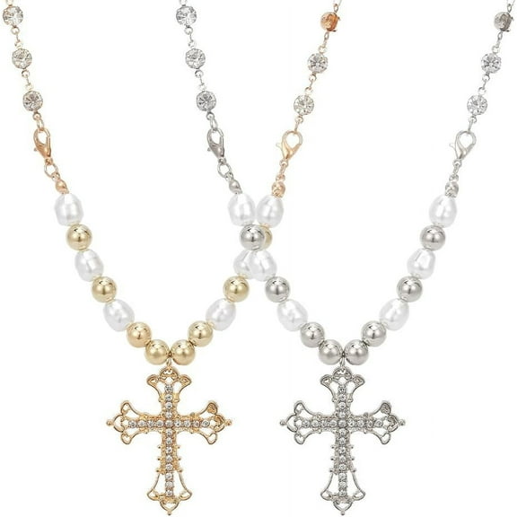 1Box 2Pcs 2 Colors Rhinestone Cross Fleury Pendant Necklace with Plastic Beaded Chains Alloy Necklaces Platinum & Golden 15.75 inch(40cm) 1Pc/color
