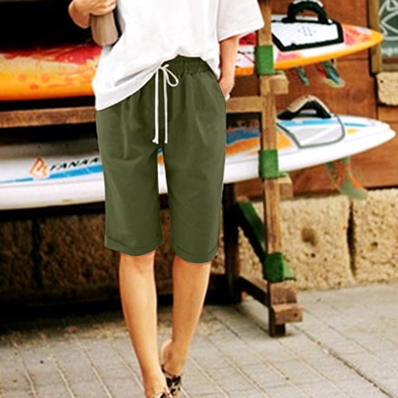 Pxkloy Knee Length Women's Shorts with Elastic,Ladies Bermuda Shorts Clearance Sale Cotton Shorts for Women Plus Size Loose Fit Bermuda Shorts Lounge Shorts with Pockets Army Green,XXXXXXXL