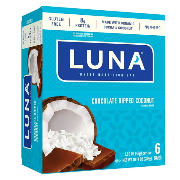 LUNA BAR - Gluten VTF5 Free Snack Bars - Chocolate Dipped Coconut Flavor -8g of protein - Non-GMO - Plant-Based Wholesome Snacking - On the Go Snacks (1.69 Ounce Snack Bars, 6 Count)