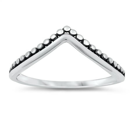 Silver Bali Bead Head Pin - Beaded Oxidized Bali Chevron Pointed Ring .925 Sterling Silver Band Size 6