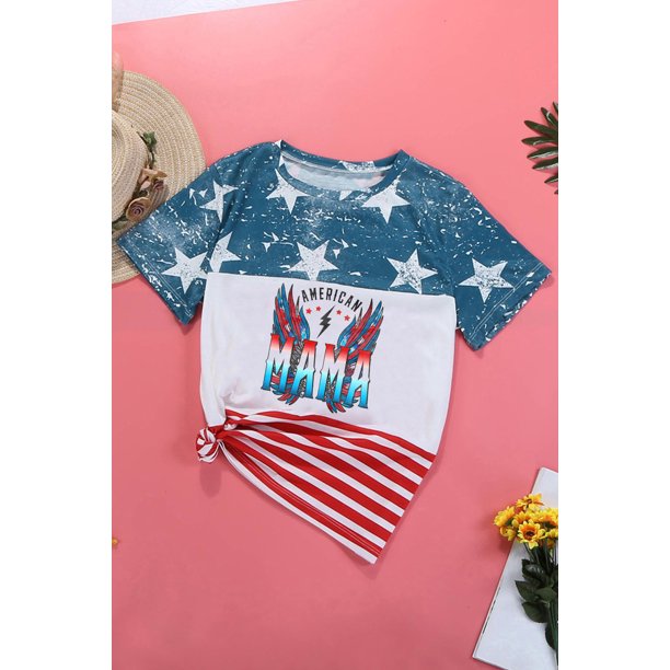 ABPHQTO Camiseta de manga corta con bloque de color de la bandera estadounidense MAMA multicolor para mujer