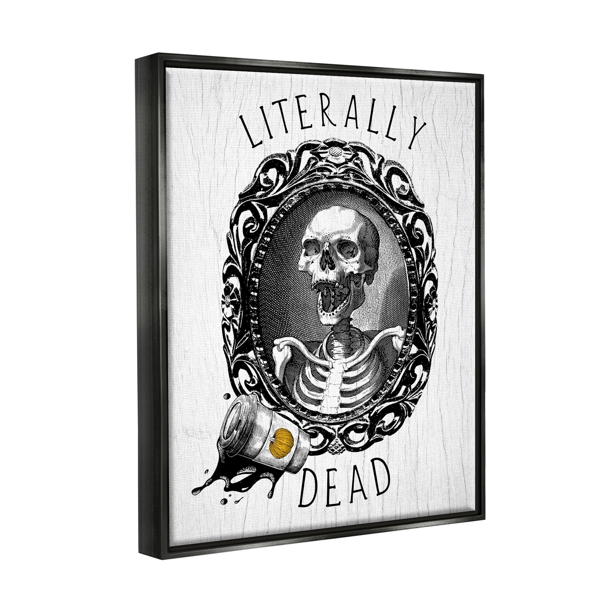 Stupell Industries Literally Dead Skeleton Spilled Coffee Ornate Design Graphic Art Luster Gray Floating Framed Canvas Print Wall Art, Design by Daphne Polselli