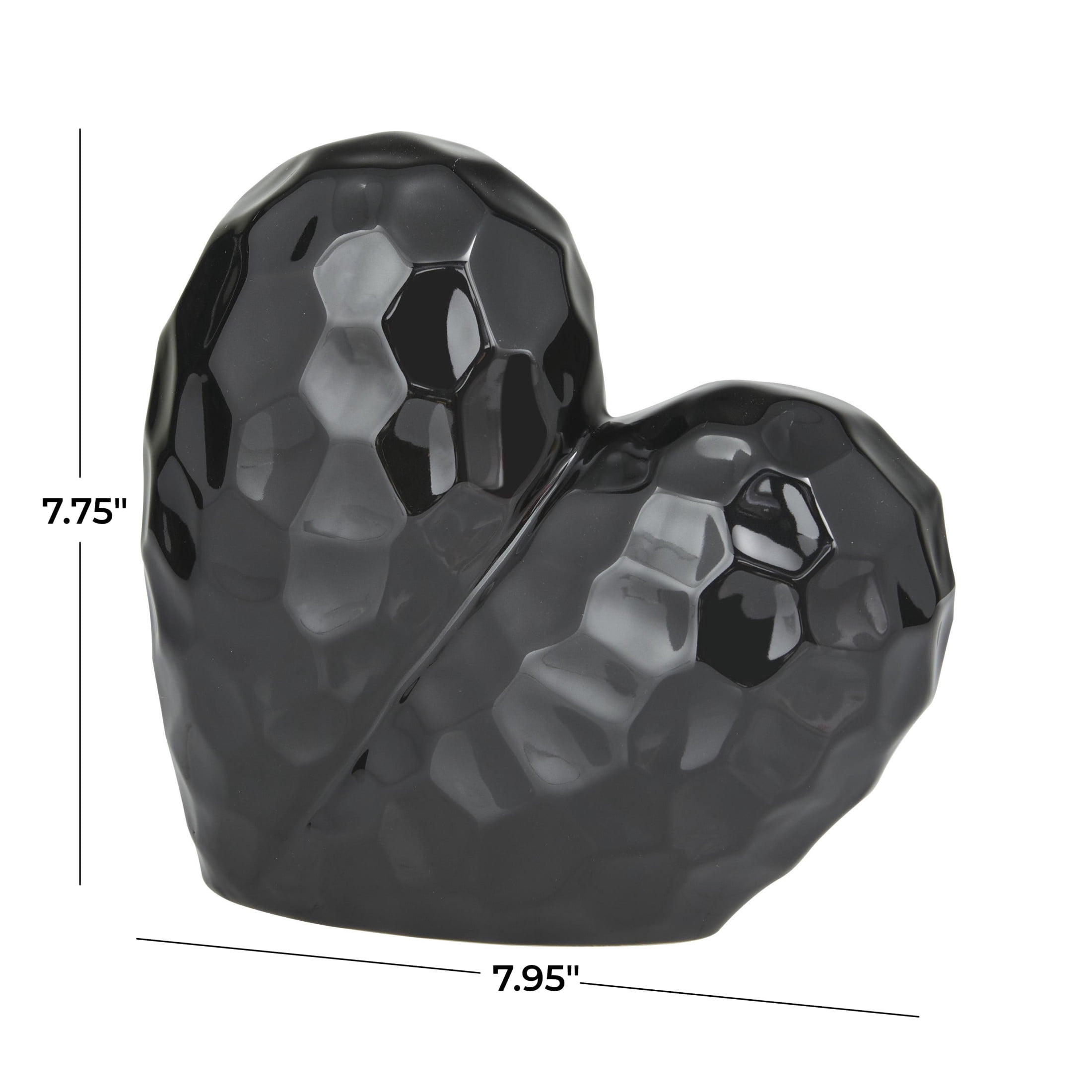 8" x 8" Black Porcelain Ceramic Dimensional Angled Origami Inspired Heart Sculpture, by DecMode