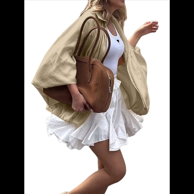 Chaqueta Acolchada para Mujer, Estilo Urbano, Holgada, Informal, con Mangas Murciélago, Solapa, Plisada y Cremallera. Caqui S