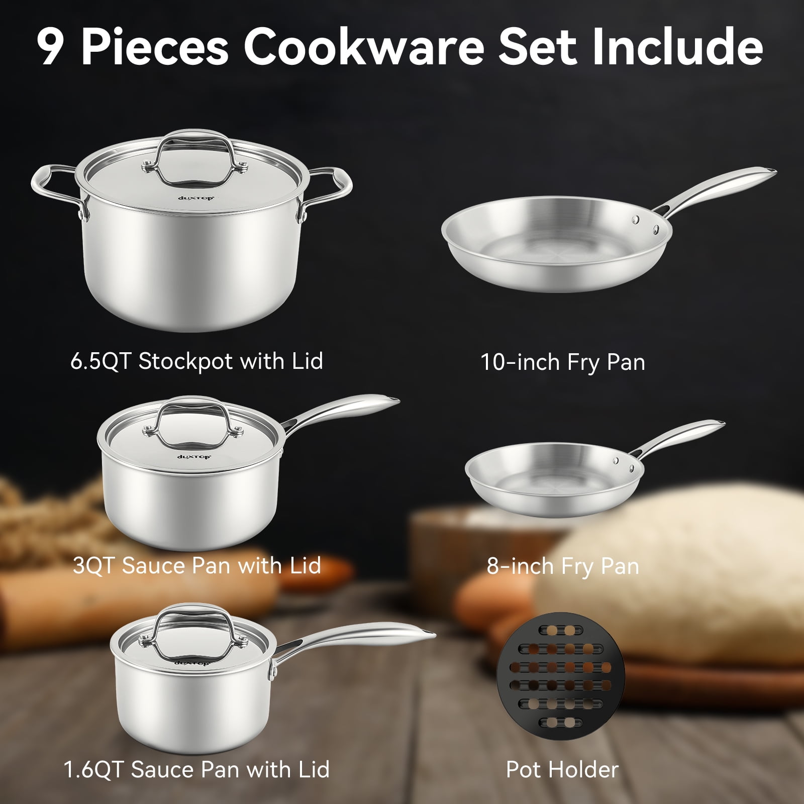 Duxtop Whole-Clad Tri-Ply Stainless Steel Induction Cookware Set