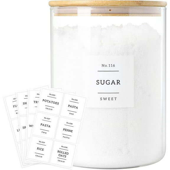 Large Glass Flour and Sugar Containers Jars with Bamboo Airtight Lid - 100 Fl Oz (3000ml) with Kitchen 42 Pantry Labels for Dry Food, Flour, Pasta, Cereal
