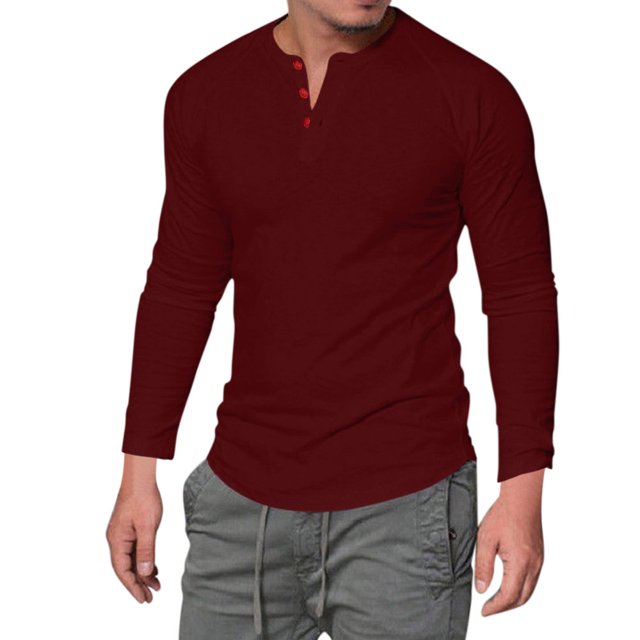 AMERTEER T-Shirt Homme Manches Longues Col Rond Bouton Uni Décontracté