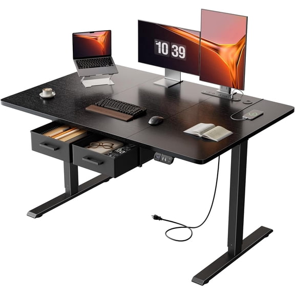 Electric Standing Desk with Drawers & Storage, 47×31.5 inches Height Adjustable Desk with Power Outlets & USB Ports, Stand Up Desk, Sit Stand Desk for Home, Office, Black