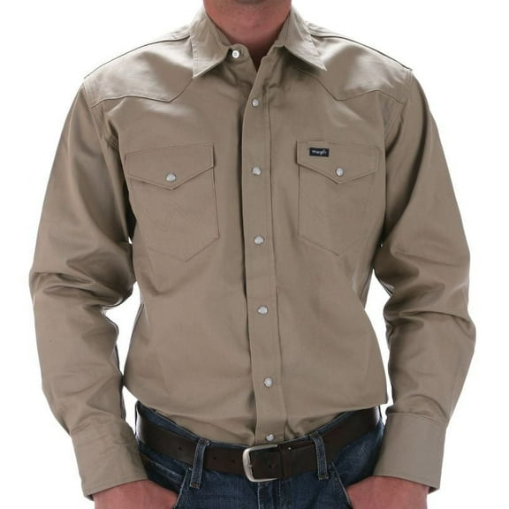 Wrangler Men's Solid Cowboy Cut Firm Finish Long Sleeve Work Shirt Khaki