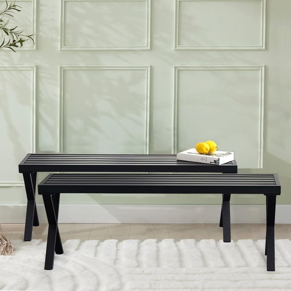 Outdoor Metal Backless Bench Set of 2, Weatherproof Patio Bench with Slatted Seat, X-Shaped Legs, All-Weather Garden Bench for Porch, Patio, Lawn and Backyard, Black