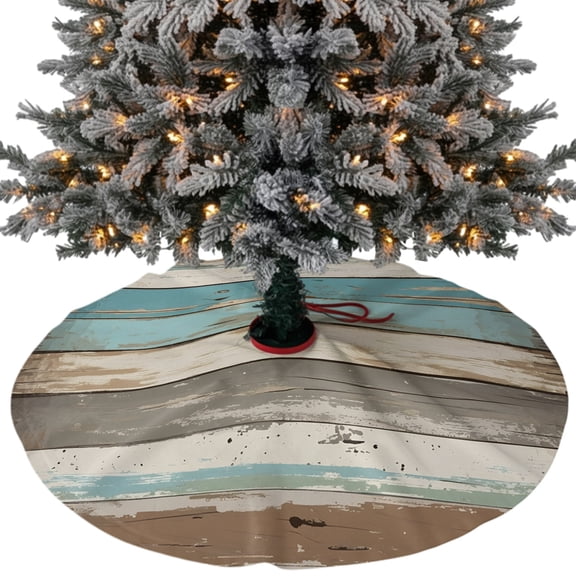 Farmhouse Blue Grey Brown Christmas Tree Skirt 36 Inches, Vintage Ombre Wooden Xmas Trees Skirt Mat Cover Decorations for Holiday Party Indoor Outdoor