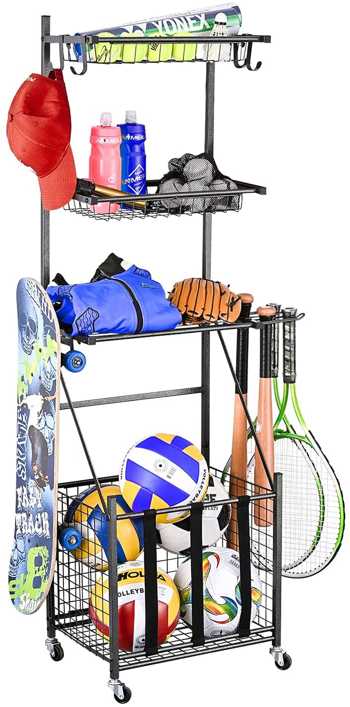 VIVOHOME Garage Sports Equipment Organizer Steel Rolling Sports Gear Storage Cart with Baskets and Hooks Black Sports Ball Storage Rack 