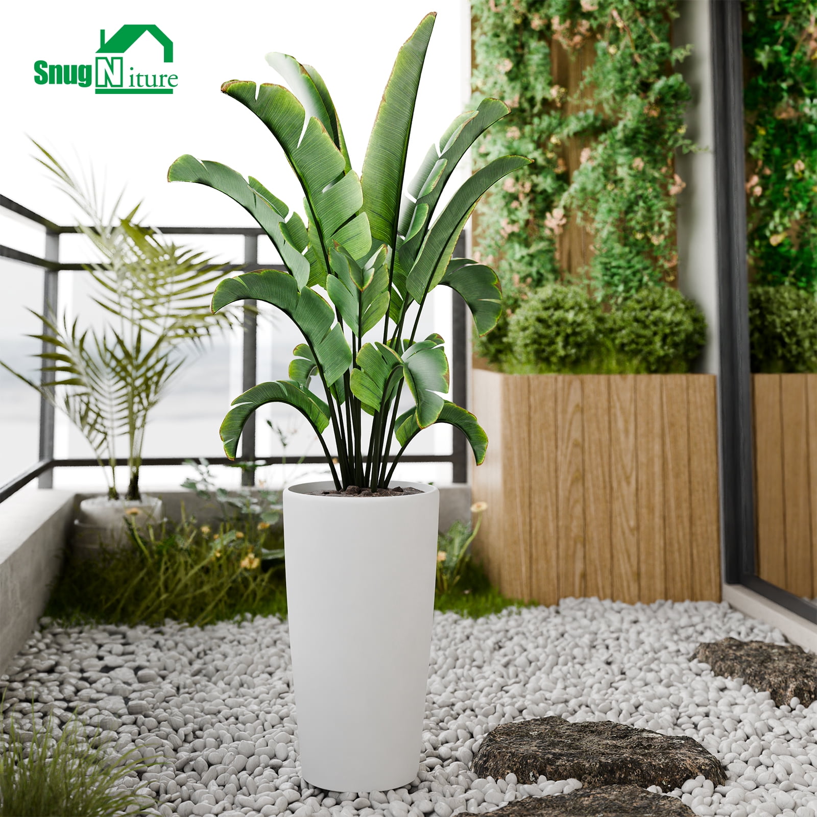 SnugNiture Set of 2 Round 22-Inch Tall Planters, White – Large Indoor/Outdoor Pots with Drainage, Matte Frosted Finish