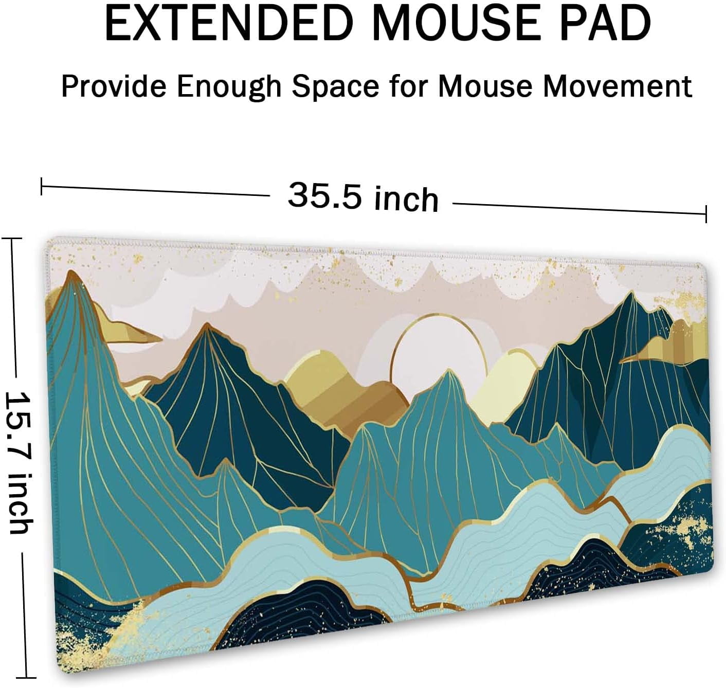 Gold Mountain with Landscape Line Arts Mouse Pad 35.4 x 15.7 Inch XXL Full Desk Mousepad Extended Large Non-Slip Rubber Base Waterproof Big Keyboard Mat with Stitched Edges for Gaming and Office