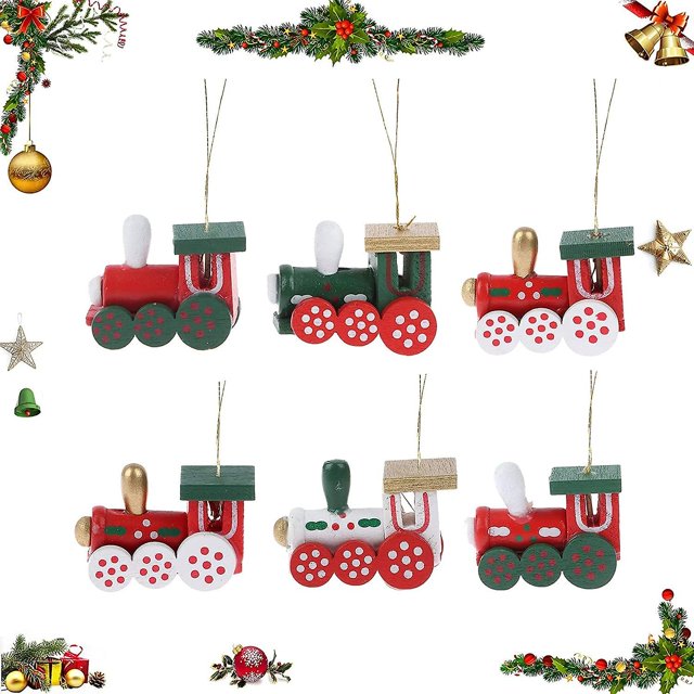Colgante de árbol de Navidad de madera, 6 piezas de tren de Navidad de madera, adorno colgante de árbol de Navidad artesanal de madera, colgador de árbol de Navidad, mini tren de juguete para