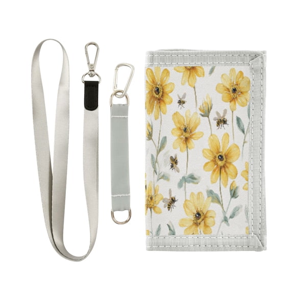 Cloth Wallet with Lanyard & Multiple Compartments Fashion Purse Zipper Clutch Bag for Cash Cards Coins Yellow Daisies and Bees