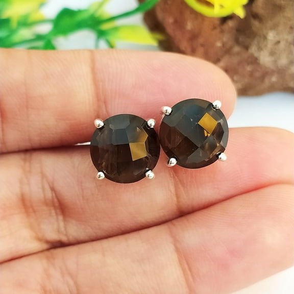 Smoky Quartz Stud Earrings For Women - 925 Sterling Silver Earrings for Women -10 MM Round Cab Jewelry For women Gemstone jewelry