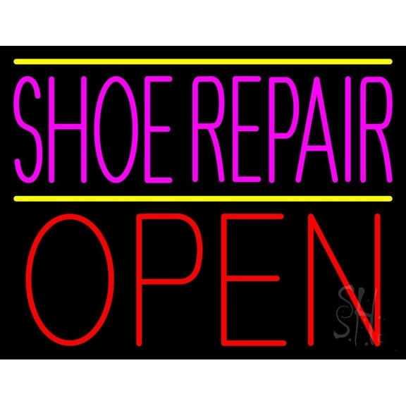Pink Shoe Repair Open LED Neon Sign 15 x 19 - inches, Black Square Cut Acrylic Backing, with Dimmer - Bright and Premium built indoor LED Neon Sign for store interior Décor, Storefront.