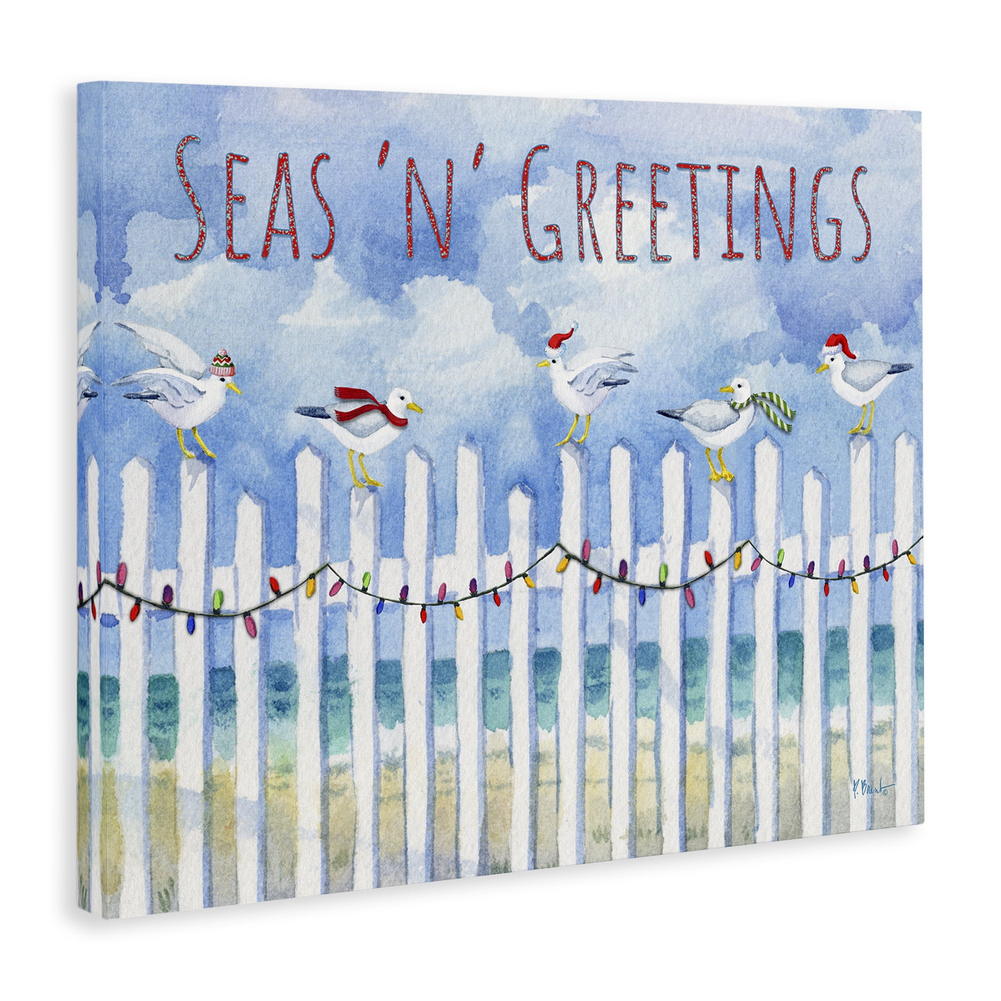 Stupell Industries Seas 'n' Greetings Seagulls Holiday Painting Wrapped Canvas Art Print Wall Art, 40 x 30