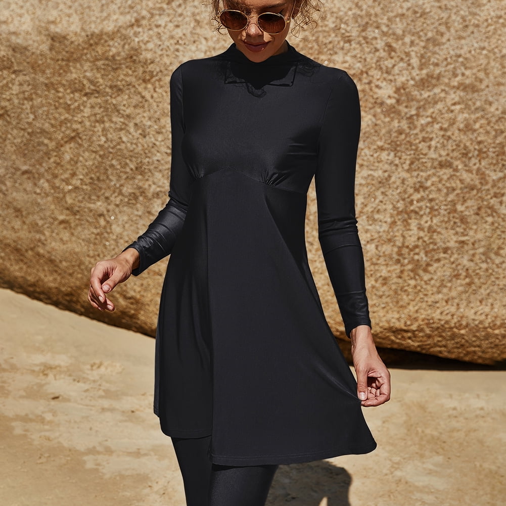 IBTOM CASTLE Women Muslim Swimsuits Modest Burkini Swimwear Islamic Long Sleeve Full Cover Swim Top Leggings Pants ​Bathing Suits L Black