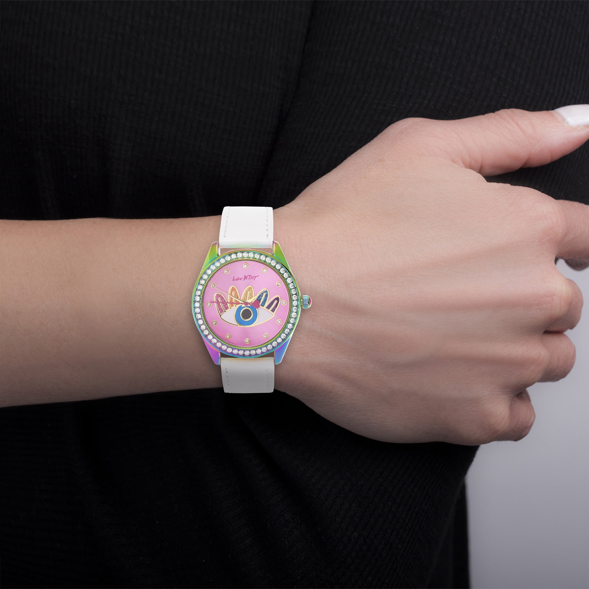 Luv Betsey Women's Sunray Evil Eye Art Dial with Oil Slick Case and White Strap Women's Watch