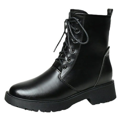 

PMUYBHF Fashion Women Artificial Leather Solid Color Autumn Thick Sole Square Heels Lace up Mid Booties Round Toe Shoes 41.98