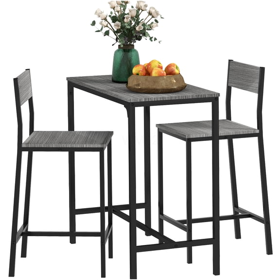 Industrial Gray 2-Person Counter Height Dining Set with High Back Stools, Space Saving Kitchen Table and Chool Set for Small Spaces, Breakfast Nook Set