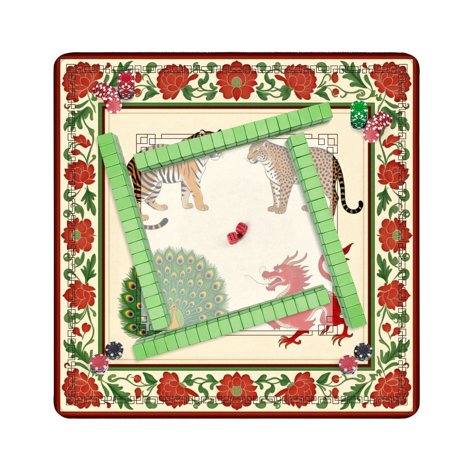 Mahjong Mat 31.5" x 31.5" Tiger Leopard Peacock Red Dragon Floral Border Non-Slip Noise Reduction American Mahjong Tiles Table Cover for Dominoes Poker Card Board Games Gift