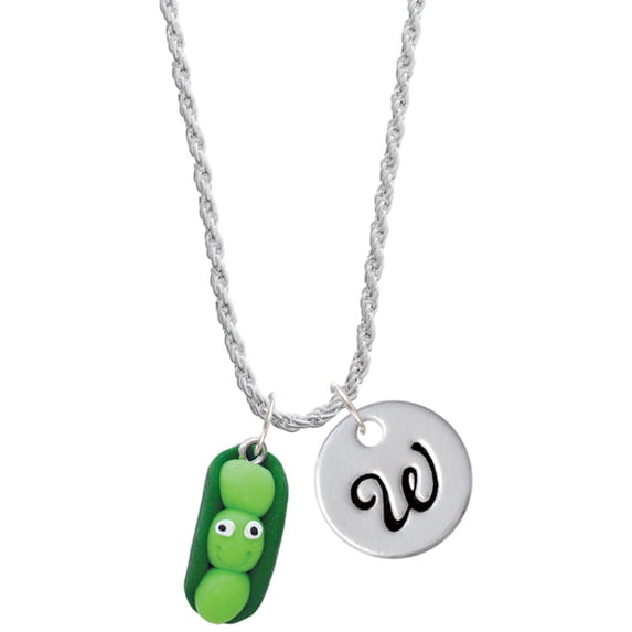Delight Jewelry Fimo Clay Three Peas in a Pod Silvertone Script Initial Disc - W - Charm Necklace, 20"+3"