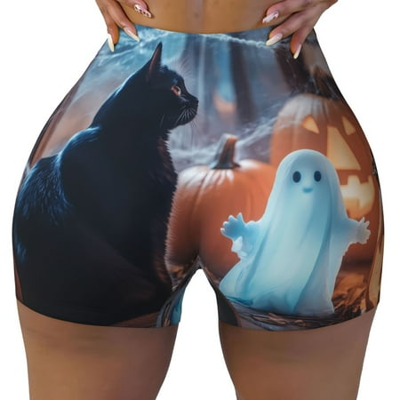 Workout Shorts Women  Halloween Black Cat Ghost Pumpkin Biker Shorts for Women Running Gym Spandex Shorts Tummy Control
