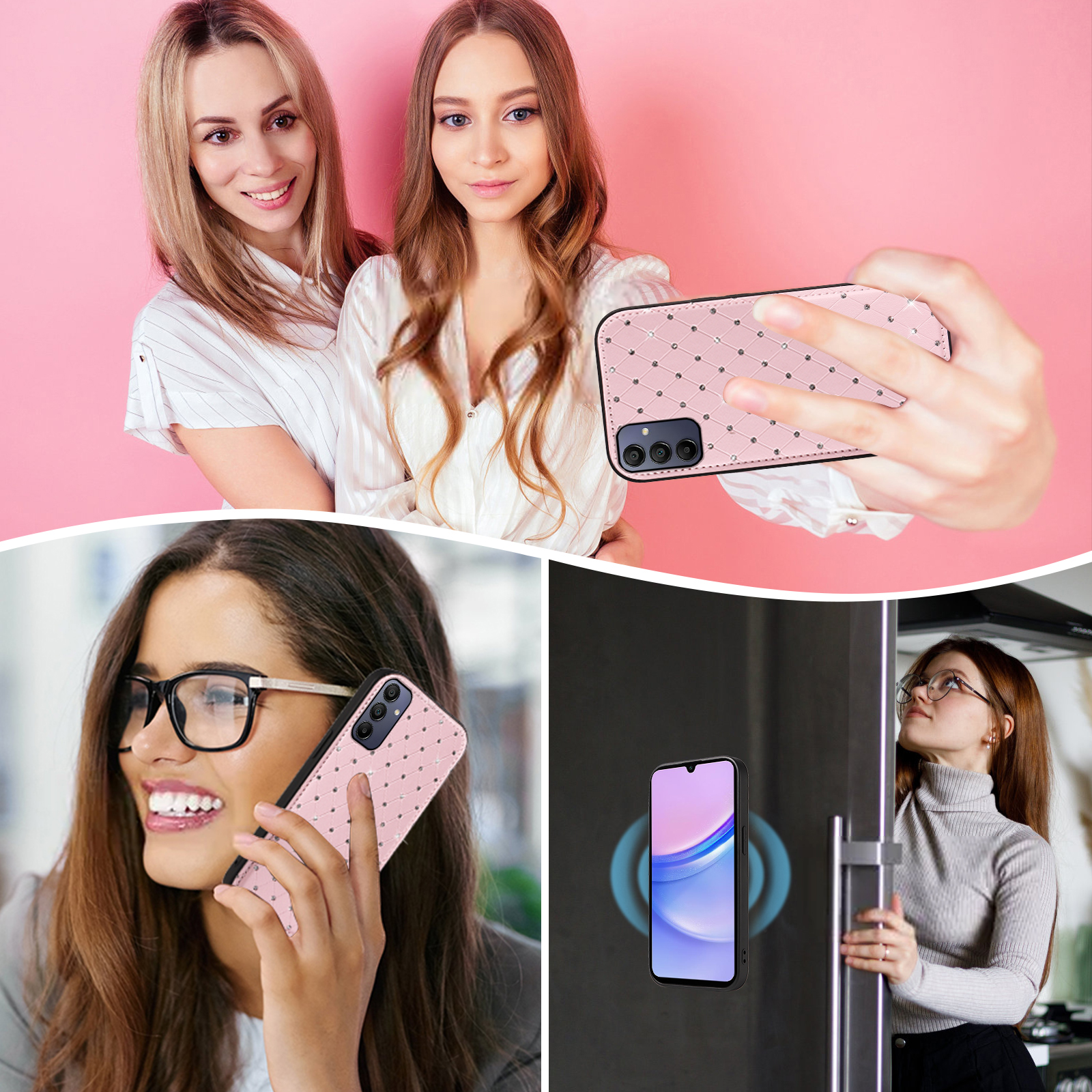 Asuwish Phone Case for Samsung Galaxy A15 5G/4G Zipper Wallet Detachable Cell Cover with Tempered Glass Screen Protector Crossbody Lanyard Strap Bling Glitter Flip Card Holder Slot A 15 G5 15A Pink