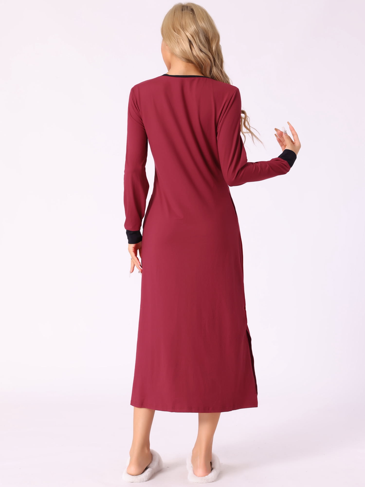 DARING DIVA Women's V Neck Cozy Long Sleeve Nightgown with Pockets S Red