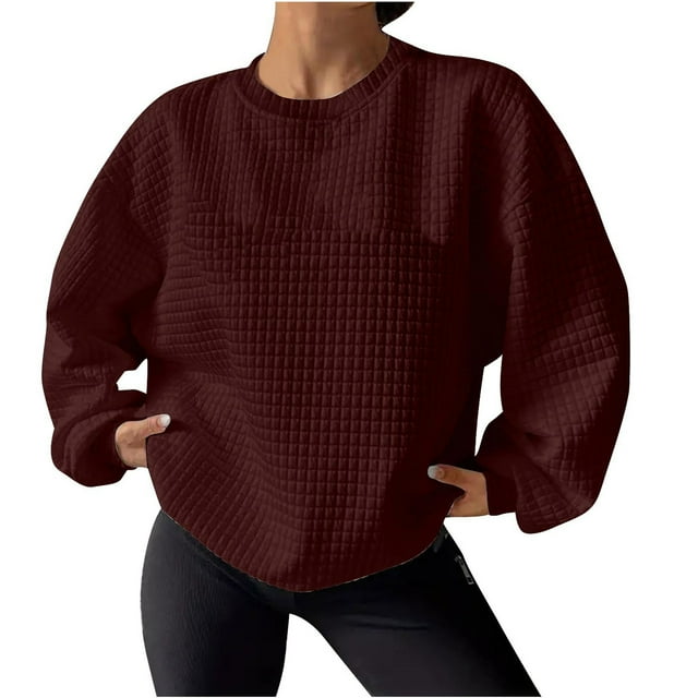 Pisexur Chandail en Molleton Femme Décontracté Ample Automne Chandails en Molleton pour Femmes Couleur Unie Col Rond Chandail en Molleton Manches Longues Chemises pour Femmes Mode Chandail en Molleton Texturé Uni Chandail Tops