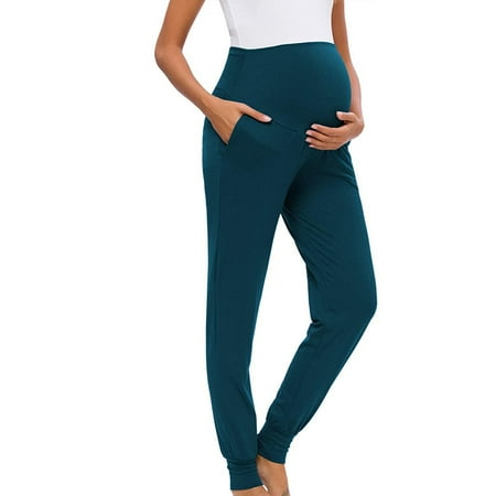 qelini Maternity Leggings for Women Thin Loose Solid Leggings with Pockets Elastic High Waist Full Length Yoga Pants