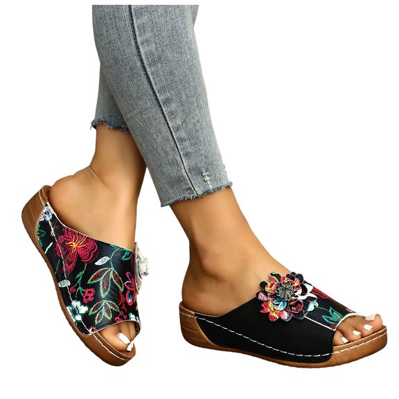 Womens Floral Orthopedic Wedge Sandals Comfortable Open Toe Platform Sandal Wide Width Summer Backless Dressy Slide Shoes Black Size 9